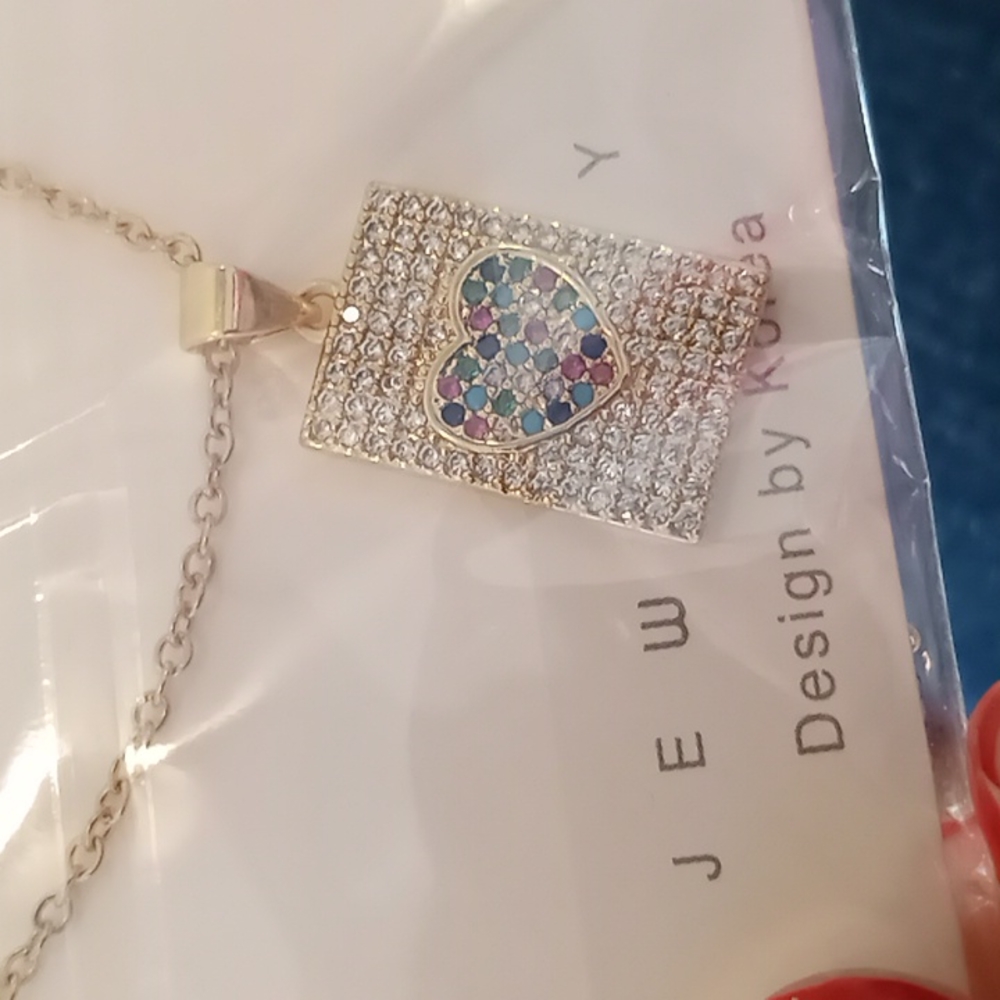 multi color goldtone heart necklace pave'
